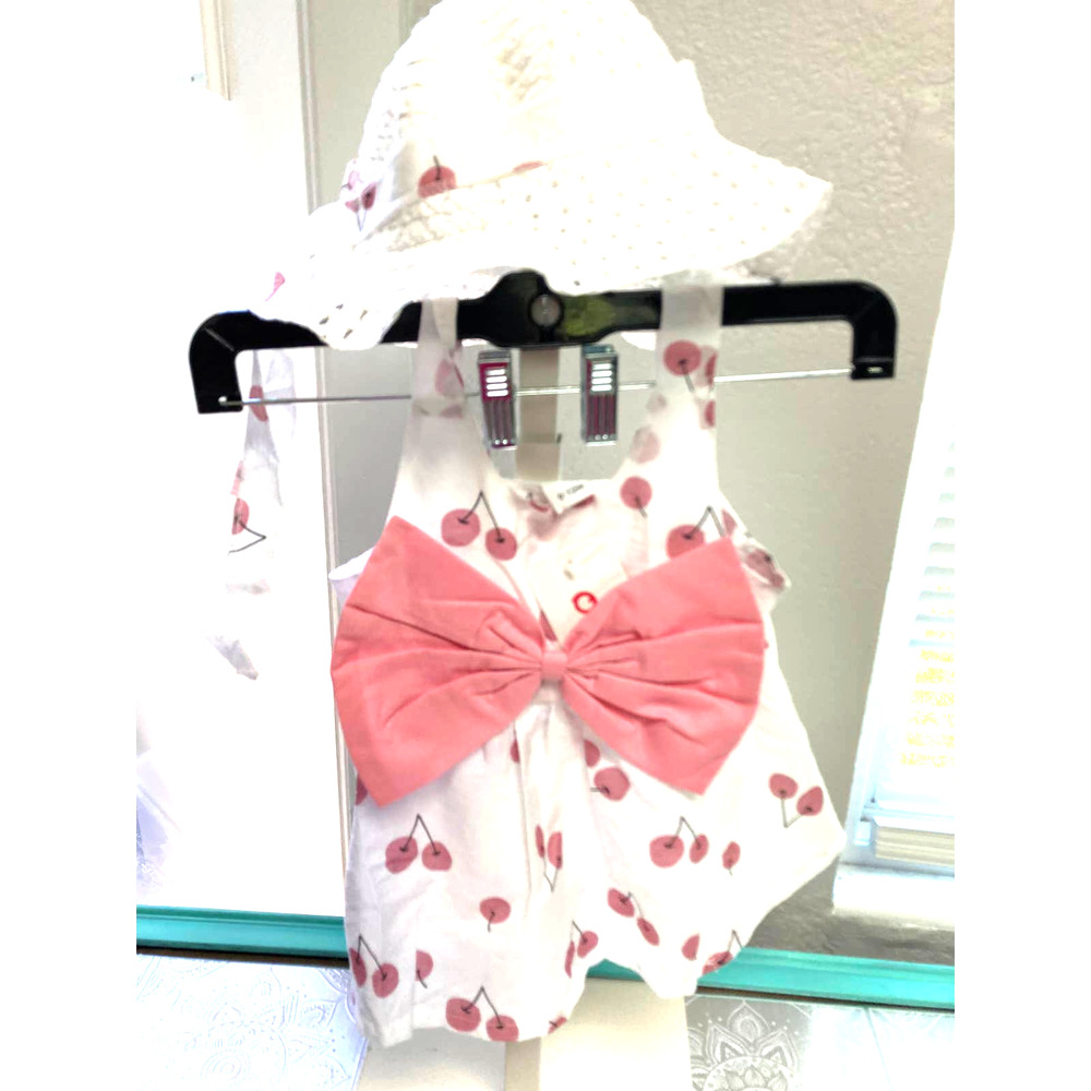 Baby Girl Dress White with Pink Bow and Cherries Size 9-12 Months